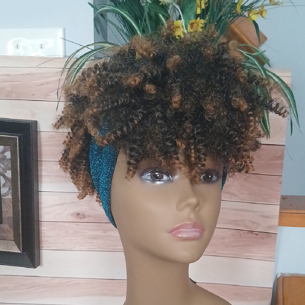 Curly Brown Wig with Blue Headband